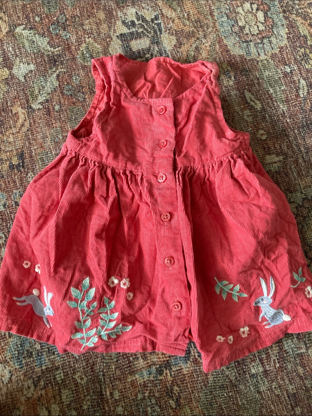 Girls Coral Button-Front Dress with Bunny Embroidery